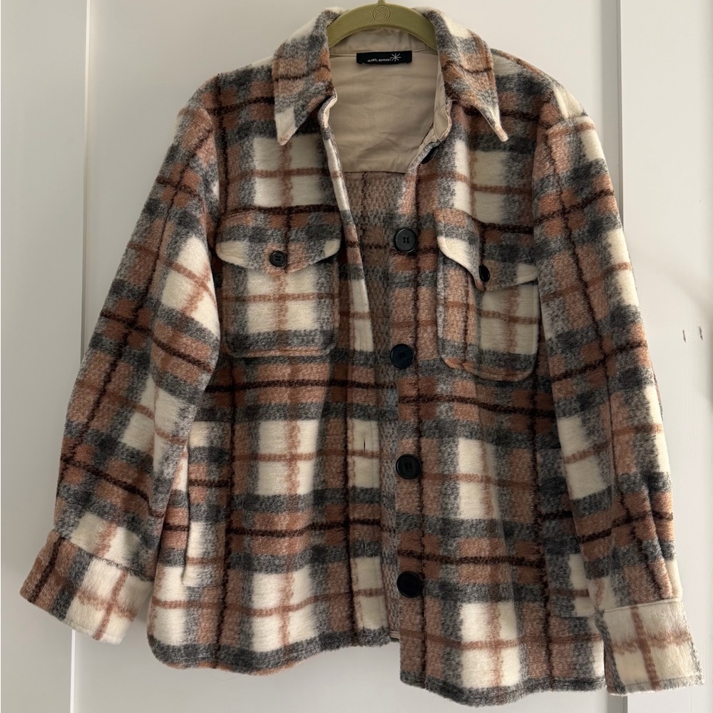 NWOT / Wool Blend Plaid Shirt Jacket in Gray, Brown, and White
